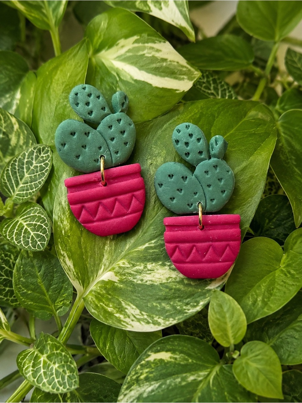 Green Cactus in Red Pot Handmade Polymer Clay Earrings
